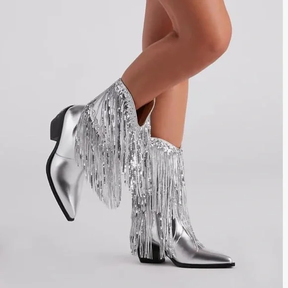 *NEW* TAYLOR SWIFT INSPIRED SILVER SEQUIN FRINGED COWBOY BOOTS 9.5 - Picture 1 of 9